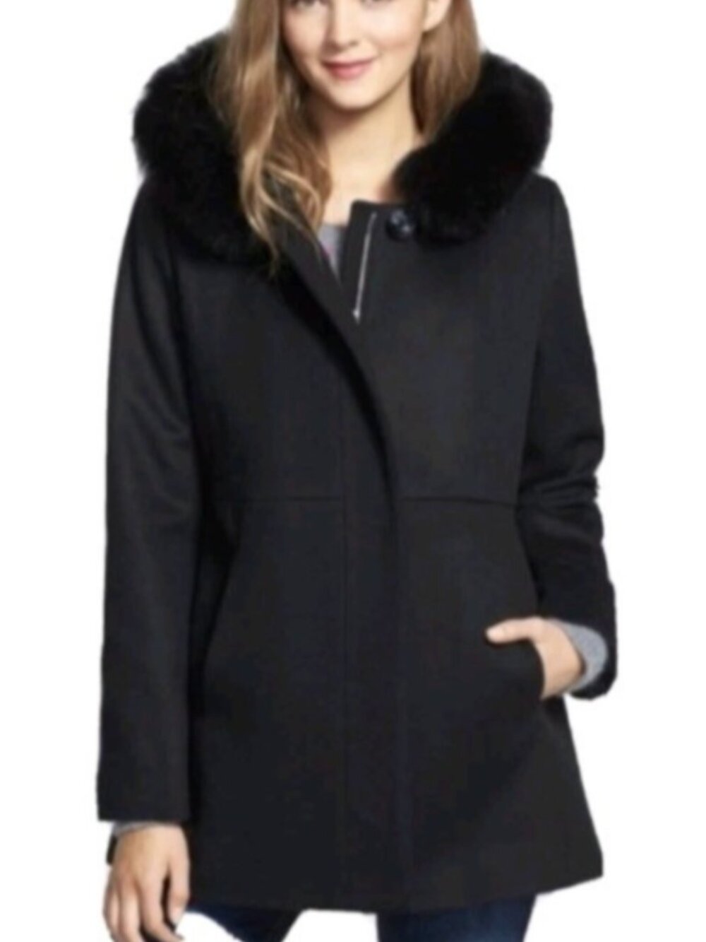 SACHI Fox Fur Trim Hooded Lambswool Wool Coat